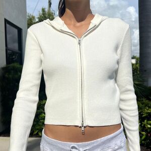Brandy Melville White Ribbed Zip-Up Hoodie